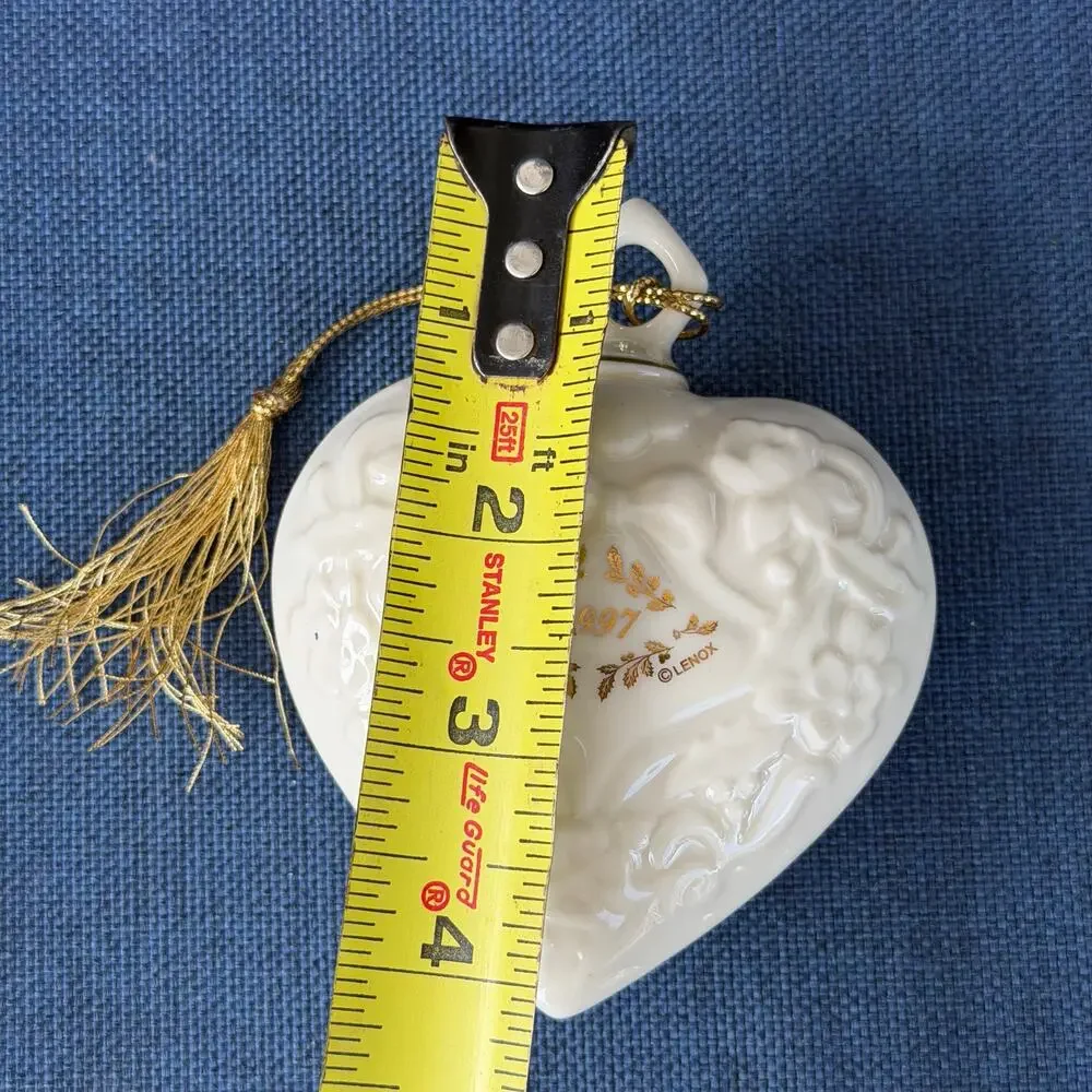 Lenox 1997 Annual Christmas Ornament Porcelain Heart Embossed Gold Tassel Puffy